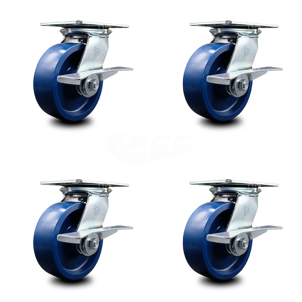 6 Inch Heavy Duty Solid Poly Caster Set with Roller Bearings and Brakes SCC